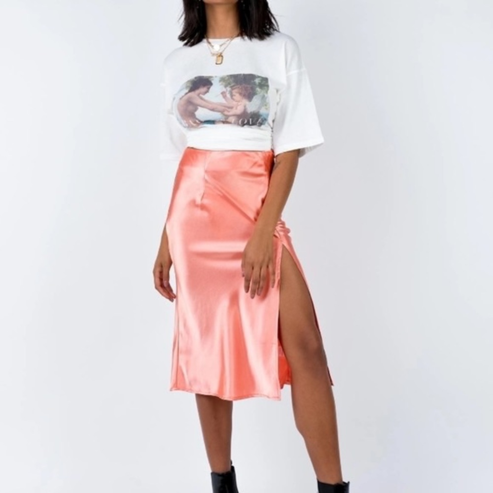 princess polly pink satin midi skirt with slit